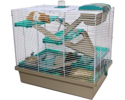 Quvo® Rattenkooi - Frettenkooi - Chinchilla kooi – Hamsterkooi Met 3 verdiepingen- Knaagdierenkooi Met Hamsterspeelgoed - Bruin met blauwgroen - 36 x 50 x 45 cm