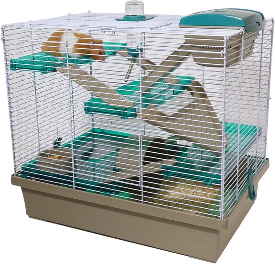Quvo® Rattenkooi - Frettenkooi - Chinchilla kooi – Hamsterkooi Met 3 verdiepingen- Knaagdierenkooi Met Hamsterspeelgoed - Bruin met blauwgroen - 36 x 50 x 45 cm
