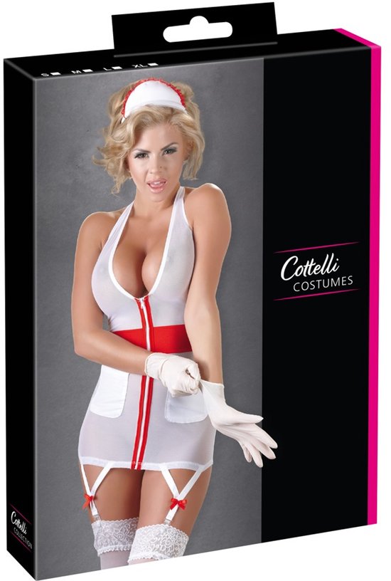 Cottelli Collection – Sexy Zuster Outfit met Realistische Kenmerken Inclusief Hoofdband en Verstelbare Bandjes – Maat S – Wit