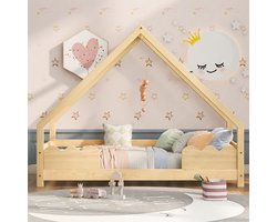 Kajuitbed - Huisbed - kinderbed 90x200 cm met valbeveiliging - speelbed - naturel massief hout - zonder matras