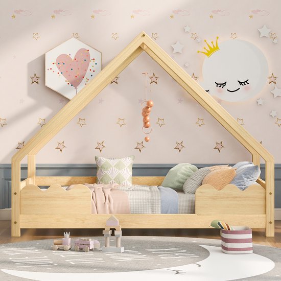 Lit cabane - Lit maison - Lit enfant 90x200 cm avec protection antichute - Lit ludique - Bois massif naturel - Sans matelas