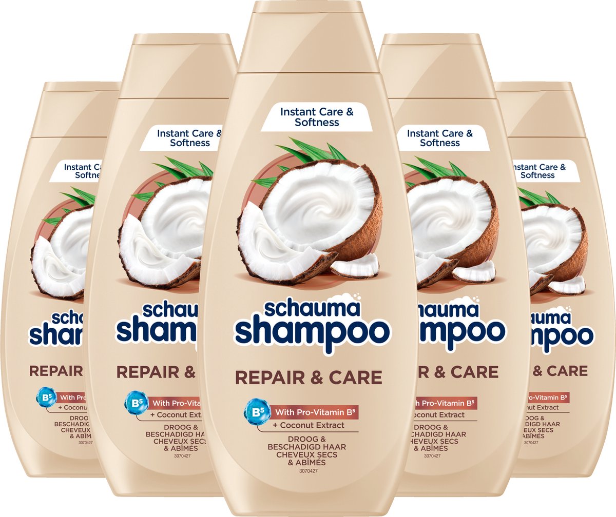 Schauma Shampoo Repair & Care - Haarverzorging - Gezond, Hersteld en Glanzend Haar - Kokosextract - Voor Droog en Beschadigd Haar - Voordeelverpakking - 5x 400ml