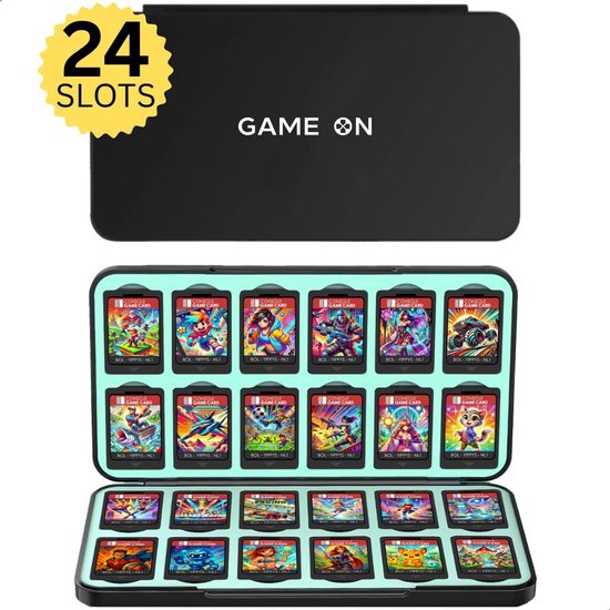 Zwarte "GAME ON" game card case, geopend met 24 Nintendo Switch games, met een sticker "24 SLOTS".