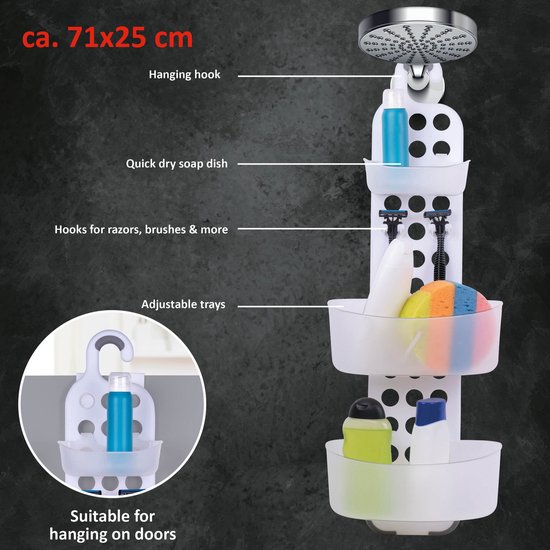 alpina Support de Douche Suspendu - 71x25 CM - Support de Douche Sans Embouts - Tiroirs Réglables - Wit