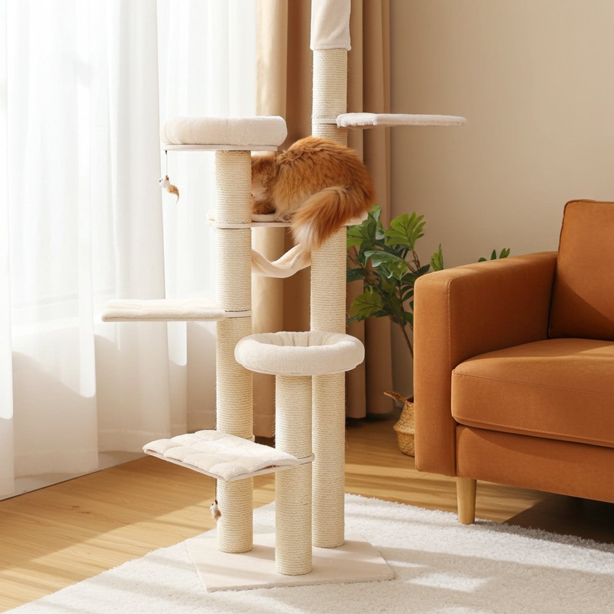 Krabpaal katten - beige - krabmeubel - krabpaal groot - kattenmeubel - 6 Niveaus en totaal 7 ligplekken – foto 5