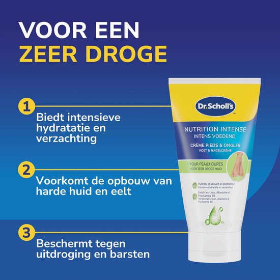 Tube Dr. Scholl's Nutrition Intense Voetcrème met drie stappen voor zeer droge huid.