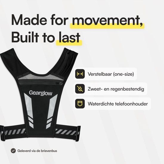 GearGlow hardloopvest: verstelbaar, zweet- en regenbestendig, waterdichte telefoonhouder.