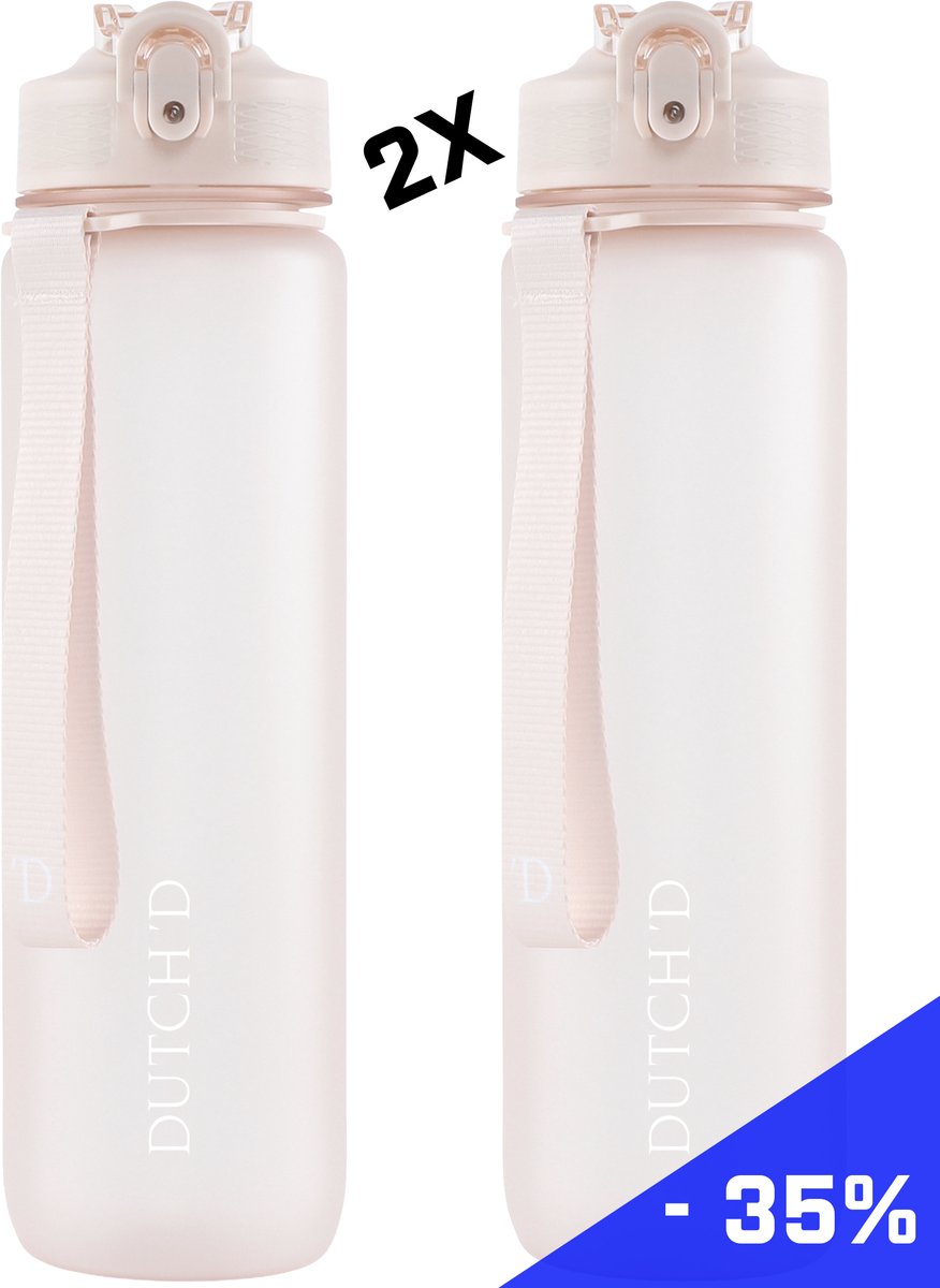 Dutch'D ® - DEAL! Set van 2 stuks - 1 liter Drinkfles - Drinkfles met rietje - Waterfles - Beige - Drinkfles Volwassenen - Lek Vrij - Cadeau voor haar/hem - Verschillende Drinkflessen en waterflessen - Drinkbeker - Sportfles - Drinkbus