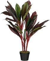 Kunstplant met rode stelen en roodgroene bladeren in een zwarte pot.
