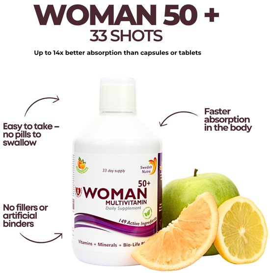 Fles Woman 50+ Multivitamin, met sinaasappel, grapefruit en citroen. Snelle opname, geen pillen te slikken.