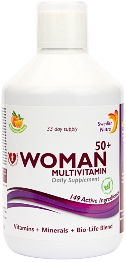 Fles met 33 dagen voorraad van Woman 50+ Multivitamine dagelijks supplement. Met oranje en paarse accenten.