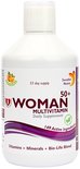 Fles met 33 dagen voorraad van Woman 50+ Multivitamine dagelijks supplement. Met oranje en paarse accenten.