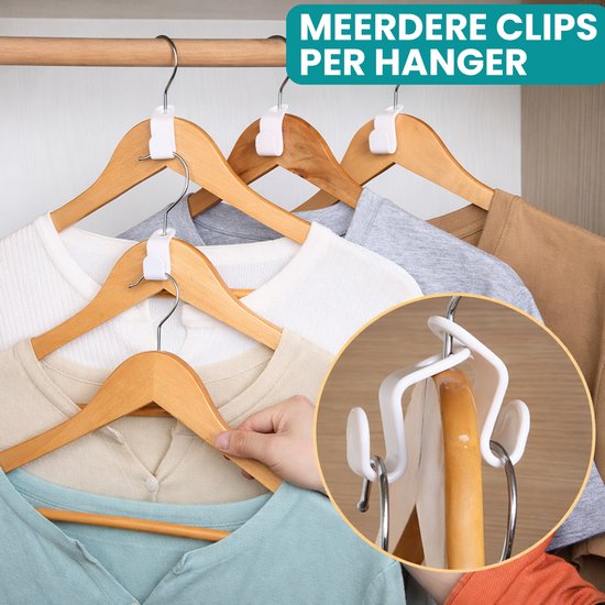 Garde-robe avec beaucoup de vêtements sur cintres. Un détail montre comment les crochets sont fixés.