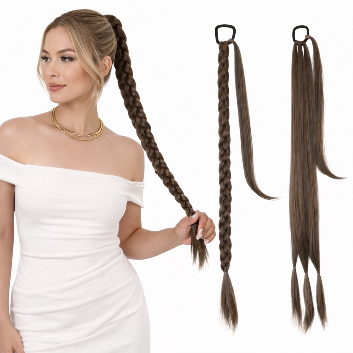 Nifkos - Braided Ponytail Extensions - Vlecht Haar - Braids Hair Extension - Haarstuk - Haarstukje - Haren Vrouwen - Bruin - 80 cm