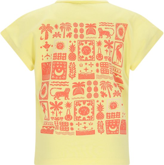 Lichtgeel T-shirt met een all-over print van tropische en zomerse afbeeldingen in oranje.