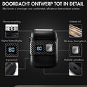 Zwart scheerapparaat met digitaal batterijdisplay (80), één knop en dubbele folie. Ergonomische grip en makkelijk oplaadbaar.