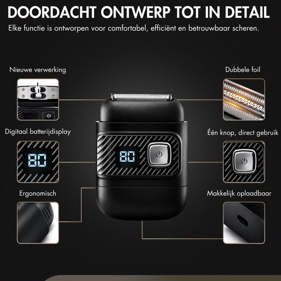 Zwart scheerapparaat met digitaal batterijdisplay (80), één knop en dubbele folie. Ergonomische grip en makkelijk oplaadbaar.