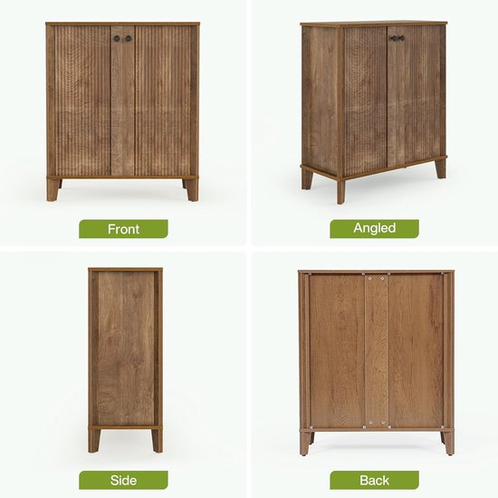 Houten schoenenkast in vier weergaven: voorkant, schuin, zijkant en achterkant.