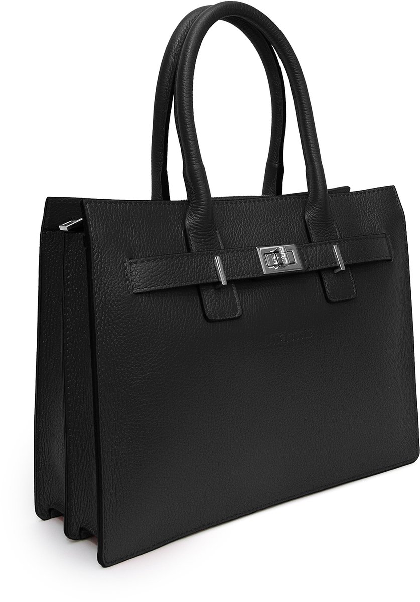 MKlassic Italiaanse damesleren handtas Zwart– Elegante schoudertas met Zilveren accenten – Hoogwaardige schoudertas van echt rundleer voor dagelijks gebruik en zakelijk gebruik - Made in Italy - MK02-345-28