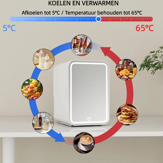 Puluomis Mini koelkast - 8L - Skincare Fridge - LED-verlichting - Make-up Koelkast - DC 12/24V & AC 220-240V - Koelen & Verwarmen - Wit van Merkloos — afbeelding 5