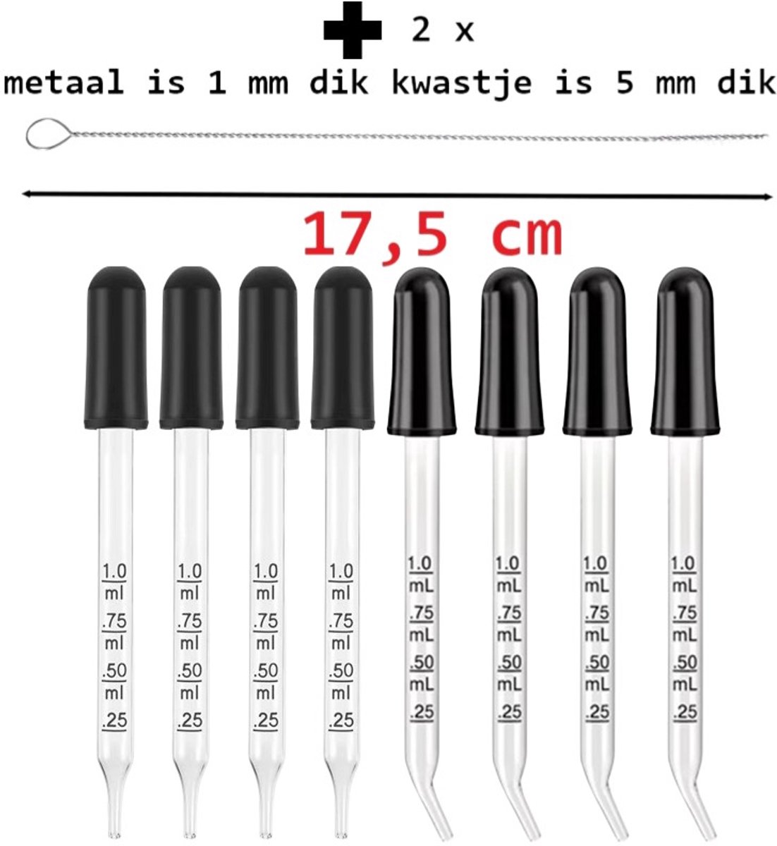 8 X Glazen Pipetdruppelaar - 1 ML - Vloeistoffen Oor en Oogdruppelaar 4 Gebogen & 4 Rechte Uiteinden - 1 ml Druppelaars voor Essentiële Oliën - Drank - Lab - Ambachten - Meten