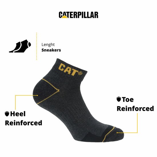 Grijze, korte werksok van Caterpillar met de tekst "CAT", versterkte hiel en teen, en gele details.