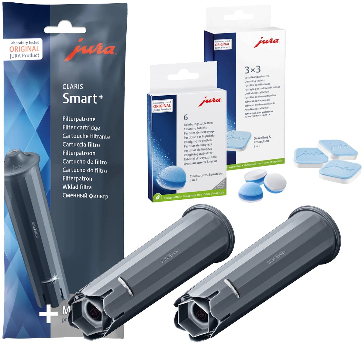 JURA Onderhoudset: 2x JURA Claris Smart+ Waterfilter + JURA Ontkalkingstabletten 9 pack + JURA reinigingstabletten