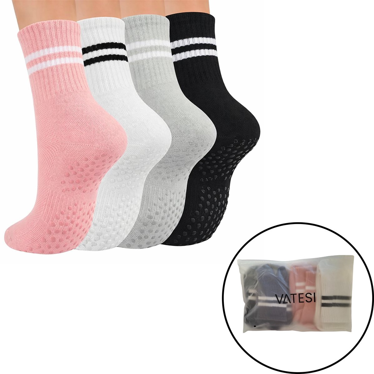 Pilates Sokken Antislip Dames - Yoga Sokken Hoog - Gripsokken voor Yoga / Pilates / Ballet - One Size - Set van 4 - Zwart, Grijs, Roze, Wit — cadeau in Sport & Outdoor - foto 5