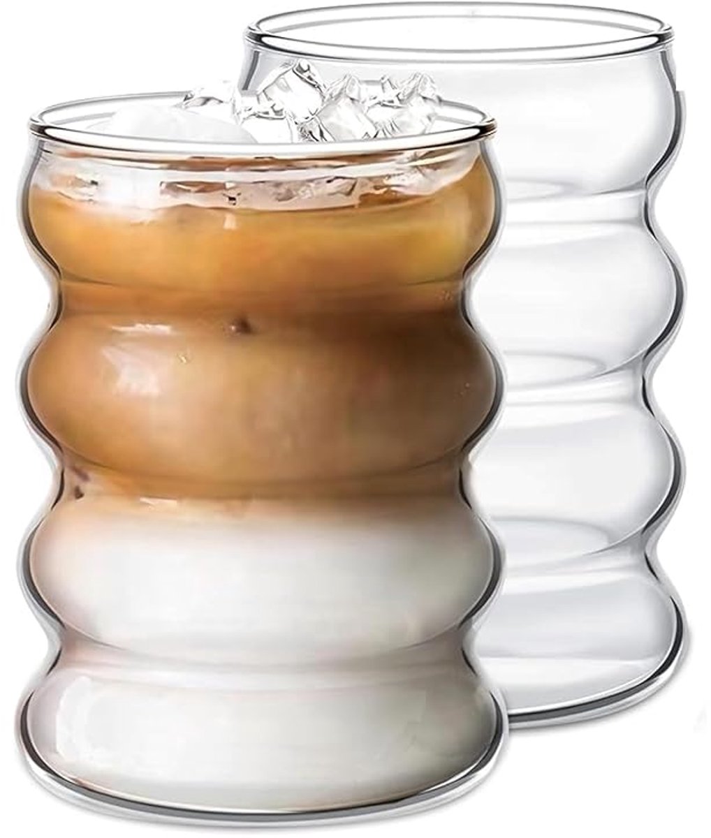 Glozini Wavy Bubbelglazen - 530ml - Set van 2 - Geribbelde Glazen - Bubble Glas - Esthetische Cocktailglazen