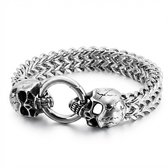 Heren armband – roestvrijstalen schakelarmband met dubbele schedel en ring sluiting