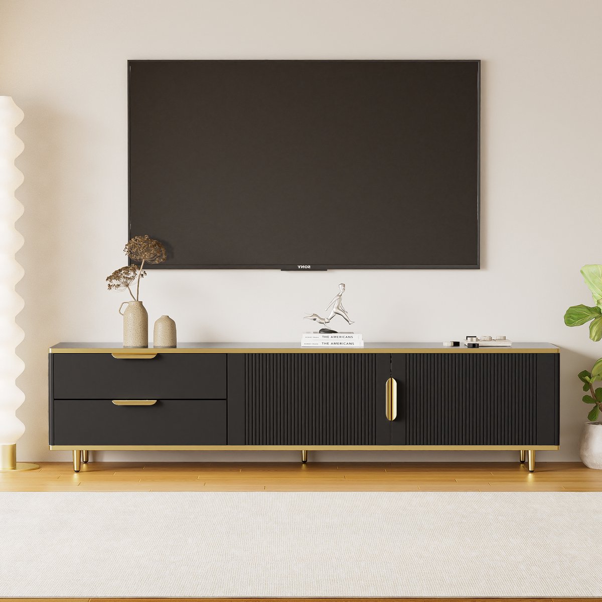 Clruro TV-Meubel - Met Gesneden Structuur en Gouden Grepen - Lowboard - MDF - Wit Zwart