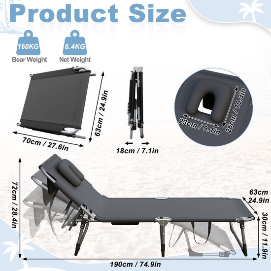 Opvouwbare Ligstoel, Zwembad met Tas, Hoofdsteun, Gezichtsgat, Verstelbare Rugleuning, Relaxstoel van Metalen Frame, Donkergrijs Campingstoel, Zonnebad voor Tuin/Buiten/Terras, NAIZY van Merkloos — afbeelding 2