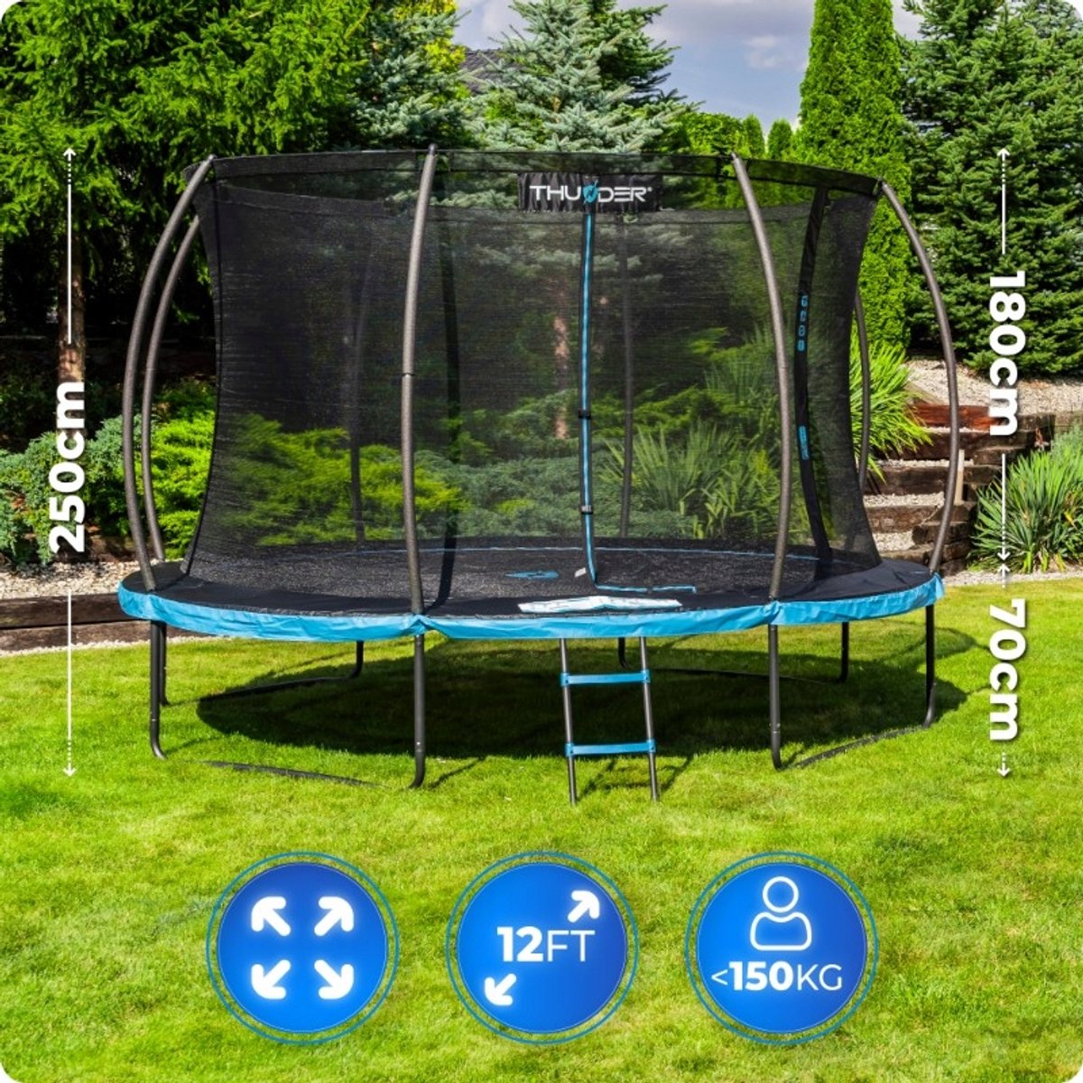Thunder Trampoline 366 cm – Ronde Tuintrampoline – Max. 150 kg – Met Ladder – Blauw — afbeelding 12