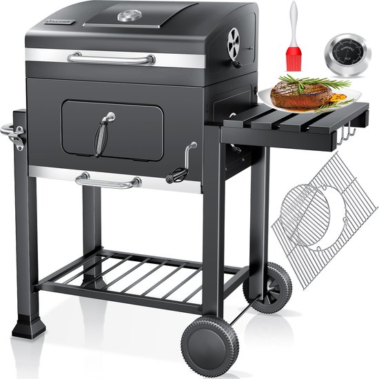 KESSER® Houtskoolbarbecue XL Barbeque Houtskool met Deksel, Wielen, Roestvrij Stalen Handvat, Barbecuerooster en Thermometer, 8 Spiesen met Zakje & siliconen Borstel, grote BBQ Camping Terras Tuin