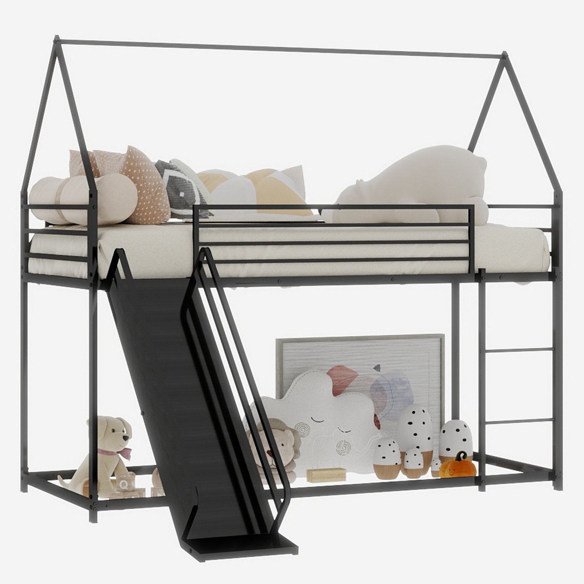 MODFU Stapelbed met Glijbaan 90x200 cm – 194x185x176,5 cm – Speelhuisontwerp & trap – IJzer zwart – Kinderkamer
