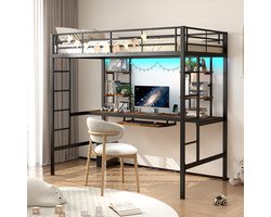 MODFU Hoogslaper 90x190 cm – met bureau, opbergrekken en toetsenbordplank – metaal en MDF – zwart – voor thuisstudie