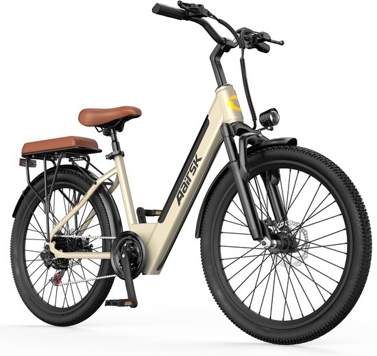 Aairsk Elektrische Fiets 26 Inch -EU-normen 250W(Actieradius 75km) - 36V 13Ah Accu – Trapondersteuning tot 25 km/u – Shimano 7 Versnellingen – NFC Startfunctie – Gebroken wit Kleur