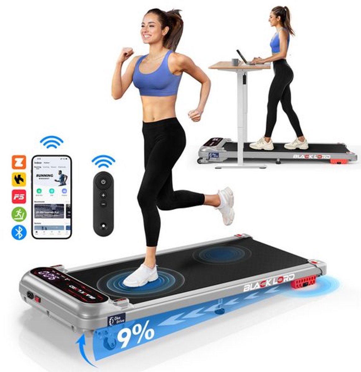 BLACK LORD X7-H - Walking Pad loopband - 3,0 PS EcoDrive™ motor - 15 km/h & 3 hellingsniveaus - Bluetooth app-bediening - 39 cm breed loopvlak - Inklapbaar voor onder het bureau