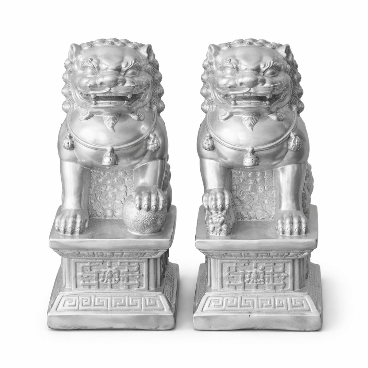 Leeuwenwachters set – zilver – 2 stuks – boeddhistische beschermleeuwen – Feng Shui decoratie – hoogglans beeldjes
