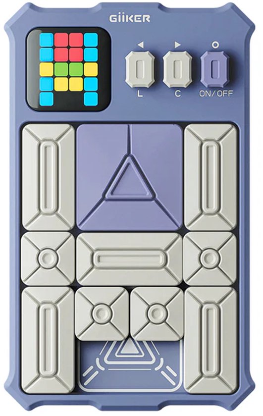 GiiKER Super Slide spelconsole in blauw, met scherm, knoppen en gekleurde, uitneembare puzzelstukken.