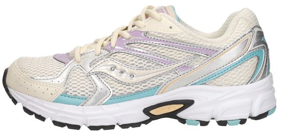 Crèmekleurige Saucony sneaker met paarse, zilveren en turkooise accenten. Sportief ontwerp met mesh.