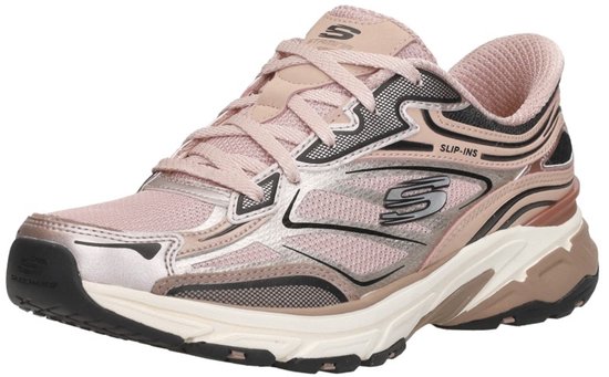 Roze Skechers sneaker met metallic accenten en "SLIP-INS" logo op de zijkant. Witte en beige zool.
