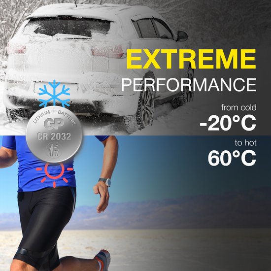 Auto in sneeuw en renner in woestijn. Zilveren batterij GP CR2032 met tekst "EXTREME PERFORMANCE", van -20°C tot 60°C.