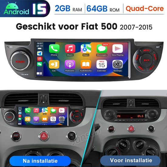 Hexinex Quad-Core autoradio Geschikt voor Fiat 500 (2007-2015) - Draadloos CarPlay, Android Auto, Ondersteunt DAB+, multimediaspeler, 2GB+64GB, zwart
