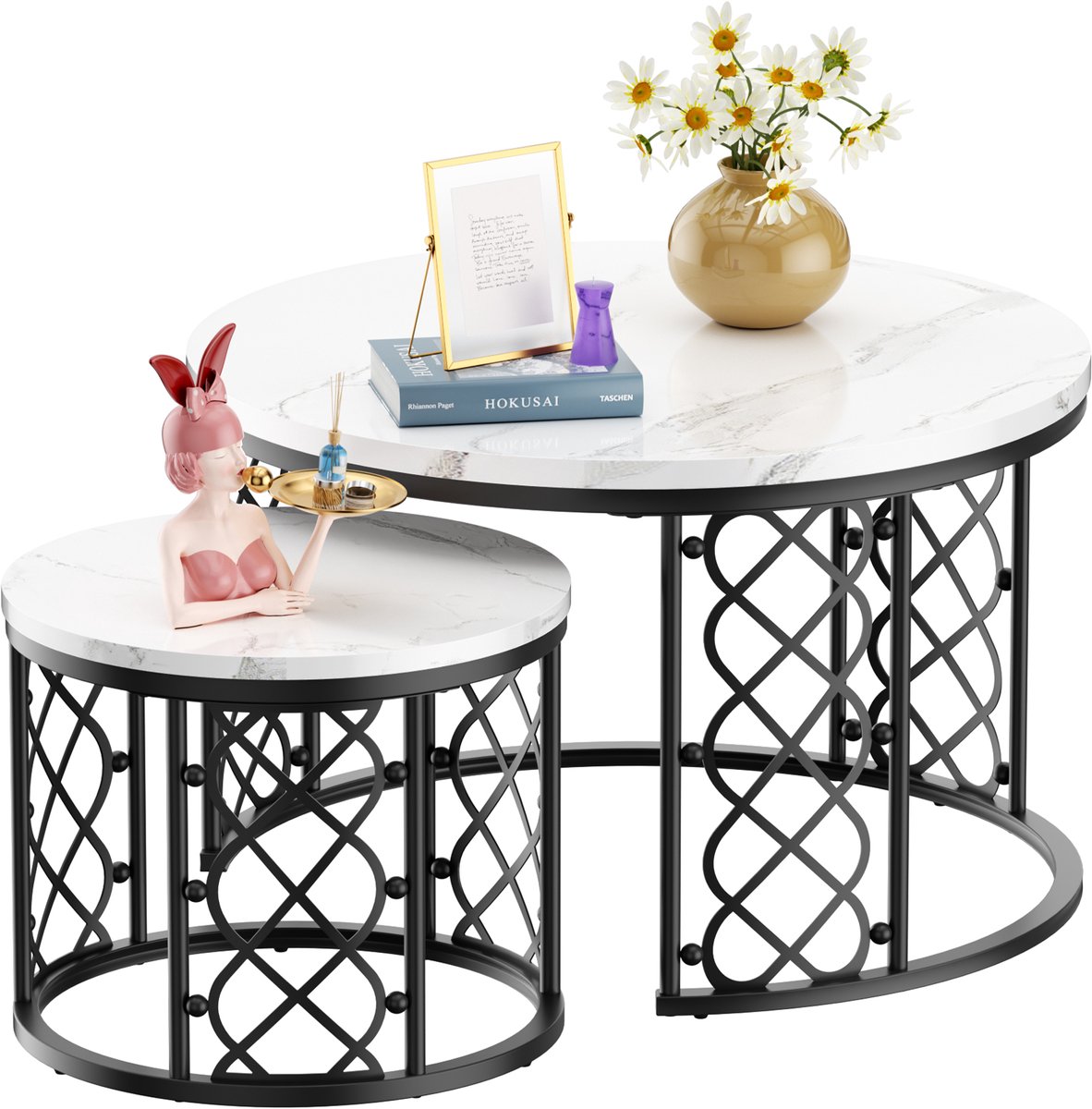 MODFU Salontafel 70x70x45 & 45x45x37 cm – Set van 2 met marmerlook – Nestbaar & ruimtebesparend – Stevig metalen frame – Moderne woonkamer tafel – Zwart/Wit & Goud Wit + Zwart