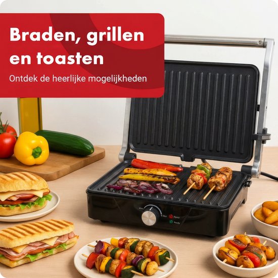 Open zwarte contactgrill met gegolfde platen, tosti's, satés en gegrilde groenten.