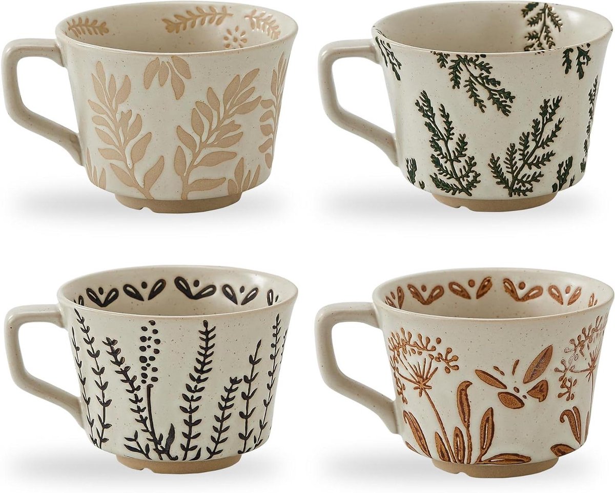 Vintage keramische koffiemokken - set van 4 - handgemaakt steengoed - herfstmotief - grote handgreep - vaatwasser en magnetron veilig - voor latte, cacao - 350 ml