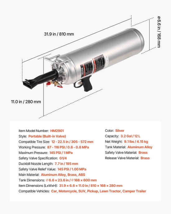 VEVOR Bandenstraalmachine 12 L Air Tire Bead Blaster Handheld Bandenpomp Tool, Verbeterde Draagbare Bandenpomp, 0,6-0,8 Mpa voor Auto E-Bike Camper Atv Zilver — afbeelding 3