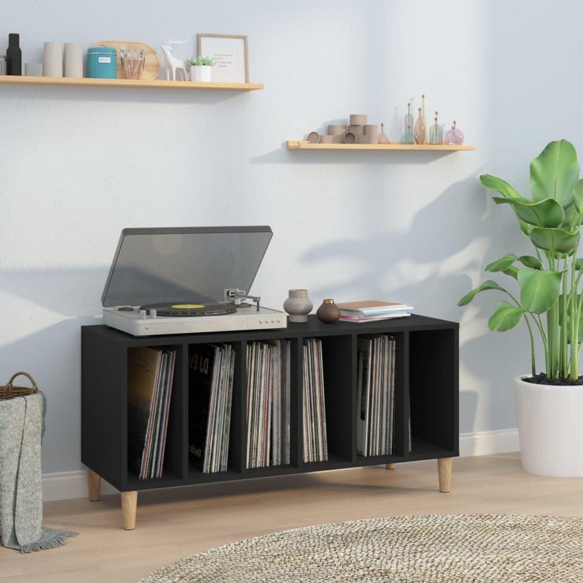 Stabiele CD & LP Opbergkast met Tafelblad - Zwart Multiplex Platenspeler Meubel