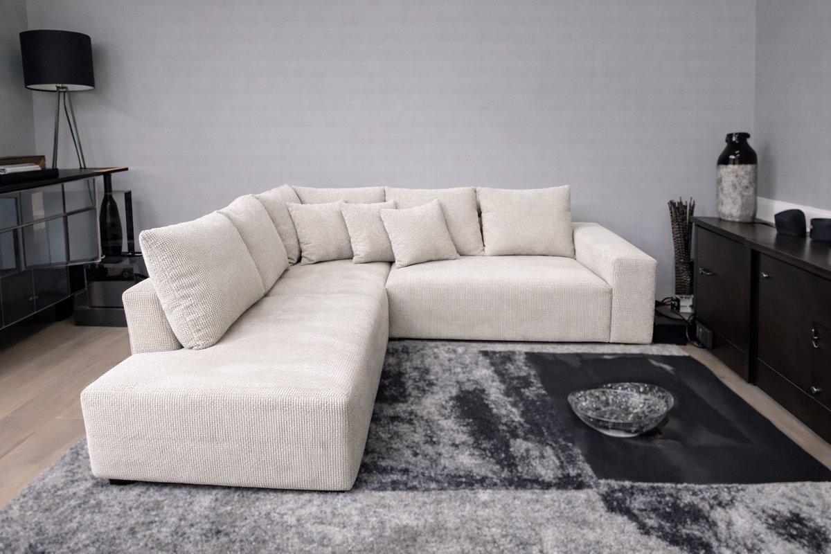 Moderne Hoekbank met Lounge Links – Koningstijl - Ivory Ribstof (Corduroy) – Inclusief Kussens – Comfortabele Zit- en Loungebank voor Woonkamer